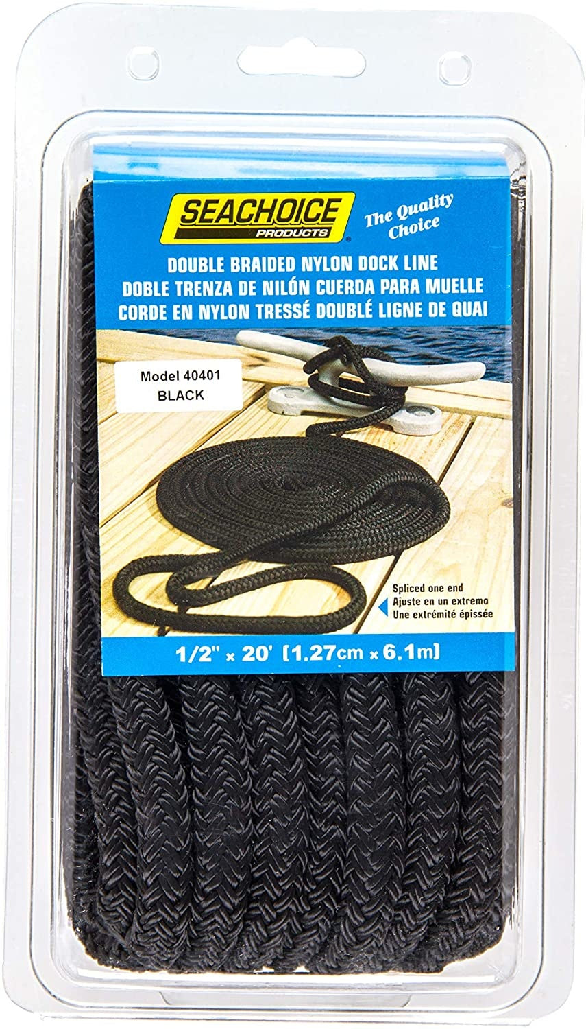 Seachoice 40401 - Double Braided Nylon Dock Line 1/2 x 20’ , Black