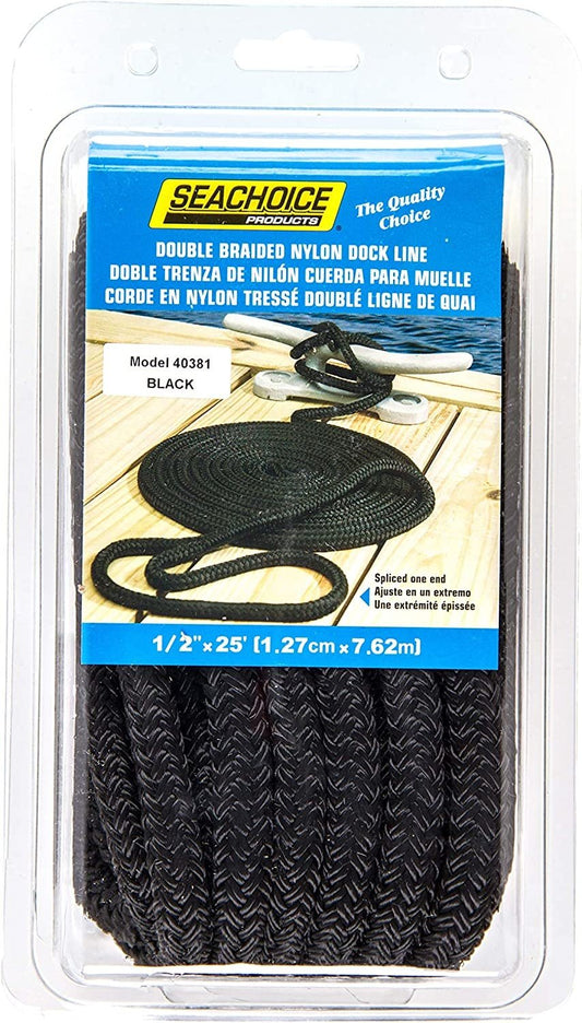 Seachoice 40381 - Double Braid Nylon Dock Line, Black, 1/2x25'